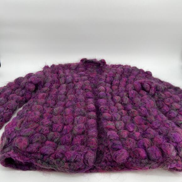 Handmade Mohair 3D Knit Bubble Open Cardigan Sweater Purple Chunky Long Pocket - Picture 8 of 13